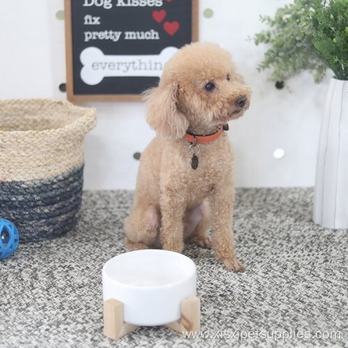Ceramic dog cat pet bowl with wooden frame